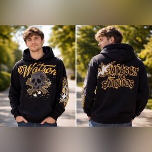 Watson Men's Black Graphic Hoodie with Yellow Skull Design